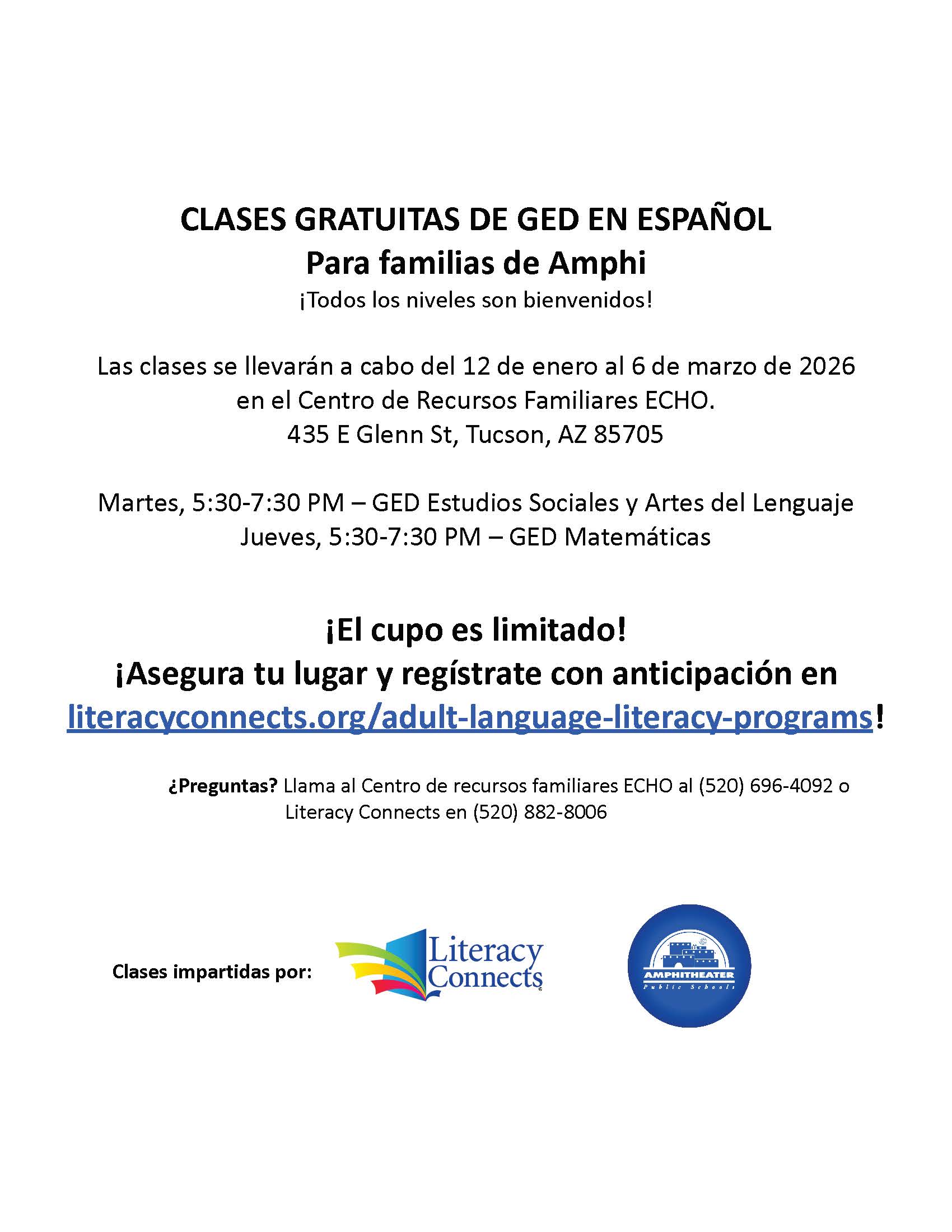 Free GED Class January 12 - March 6. Sign up on the link provide